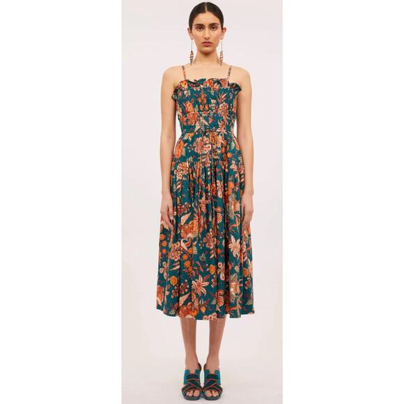 Ulla Johnson X Revolve Smocked Floral Teal Delphinium Lisbet MIDI Dress Size 4 - Picture 2 of 14